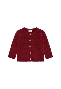 Cardigan rosso lavorato a maglia con maniche lunghe, caratterizzato da un motivo a foglia testurizzato, scollatura rotonda e cinque bottoni bianchi nella parte frontale.