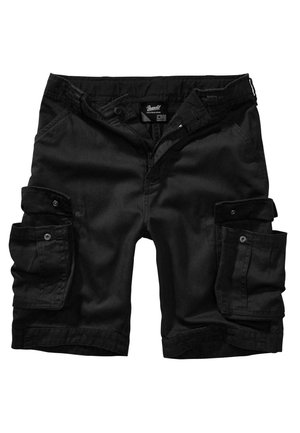 Sorte cargoshorts med flere knap-lommer, lynlås og linning, vist fladt mod hvid baggrund.