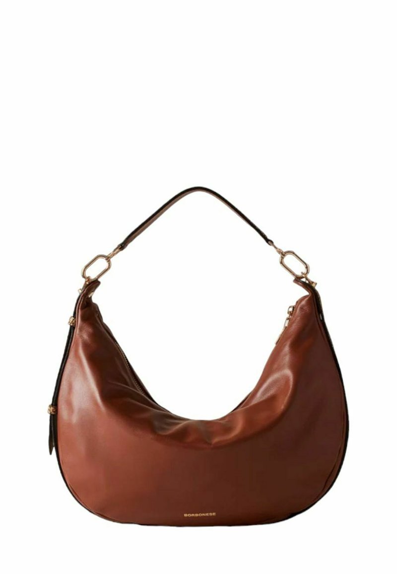 Braune Leder-Hobo-Tasche mit einer geschwungenen Form, ausgestattet mit einem einzigen Schultergurt, goldfarbenen Beschlägen und einer glatten Oberfläche.