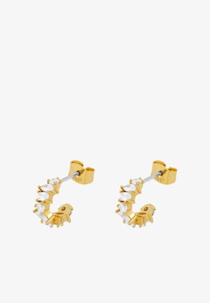 Gold-tone hoop earrings featuring oval and round clear stones, secured with a post back. Smooth texture with a slight shine.