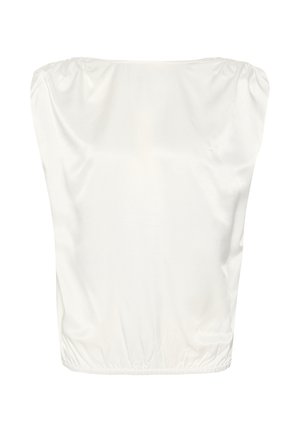 White satin top with a gathered neckline and elastic hem. Features a loose, cropped design with soft texture and a smooth finish.