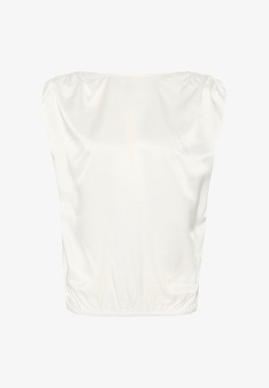 Hvid satin-top med en samlet halsudskæring og elastisk kant. Har et løst, cropped design med blød tekstur og en glat finish.