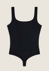 Musta body, jossa on neliön muotoinen pääntie, leveät hihnat ja nepparikiinnitys alaosassa. Tasainen kangas, jossa on hienovaraiset ommellut saumat.