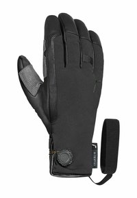 Schwarze Winterhandschuhe mit einem Lederhandfläche, strukturiertem Stoffrücken und einem Handgelenkband. Enthält ein rundes Logo im Handgelenkbereich.