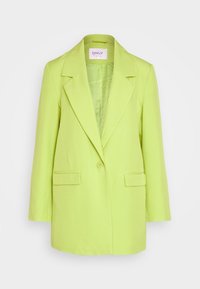 Marynarka w limonkowym kolorze wykonana z gładkiego materiału, z klapą z wycięciem, dwoma przednimi kieszeniami oraz pojedynczym zapięciem na guzik.