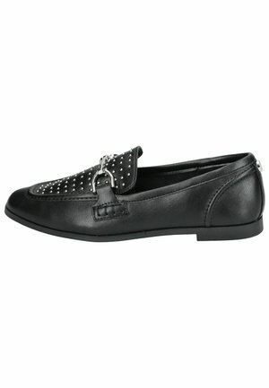 Black leather loafers featuring a studded upper with a silver buckle accent, flat sole, and smooth texture. Side view displayed.
