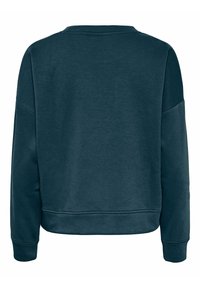 Mörk teal långärmad sweatshirt med rund hals och ribbade muddar, visad bakifrån med ett slätt, enfärgat tyg.
