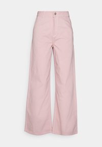 Calças largas rosa feitas de algodão, com fecho frontal por botão, dois bolsos laterais e uma textura suave com costura neat.
