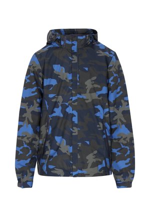 Camo-jakke med blå og grønne mønstre mod en sort baggrund, med hætte og lynlåslommer. Fremstillet af letvægtsmateriale.