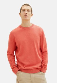 Koralsweater lavet af strikket stof med rund hals og lange ærmer. Den har ribbede manchetter og kant, samt en diskret logo detalje.