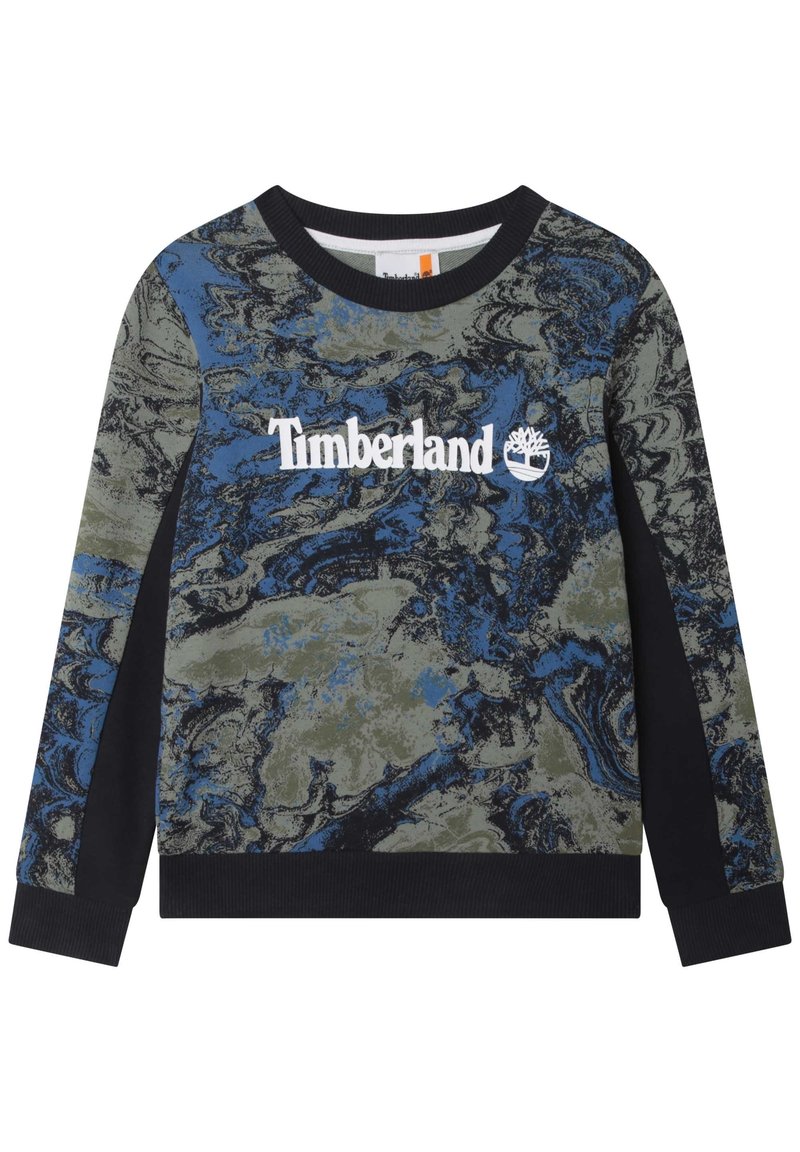 Felpa Timberland con un motivo verde e blu marmorizzato, maniche nere, colletto rotondo e un logo bianco audace sul petto.