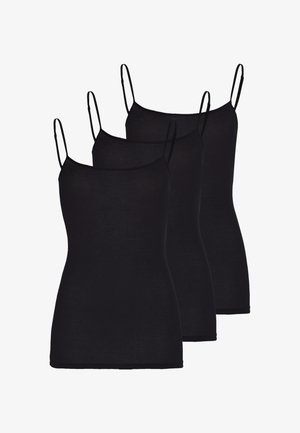 Trois camisoles noires pour femme avec fines bretelles, montrées en chevauchement et affichées sur fond blanc.