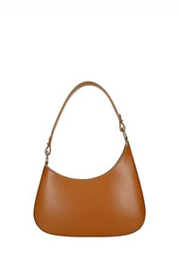 Sac à main en simili cuir de couleur tan, de forme courbée, avec une seule bandoulière, des détails cousus et un design minimaliste.