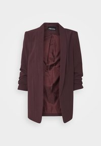 Tummanvioletti avonainen bleiseri, jossa on rypytetyt hihat ja sileä satiinivuori, esillä yksinkertaista vaaleaa taustaa vasten.