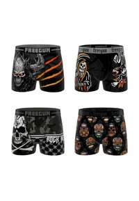 Quatre paires de boxers pour hommes dans différents motifs : tissu noir, impressions graphiques y compris des crânes, des griffes et des motifs floraux, ceintures élastiques.