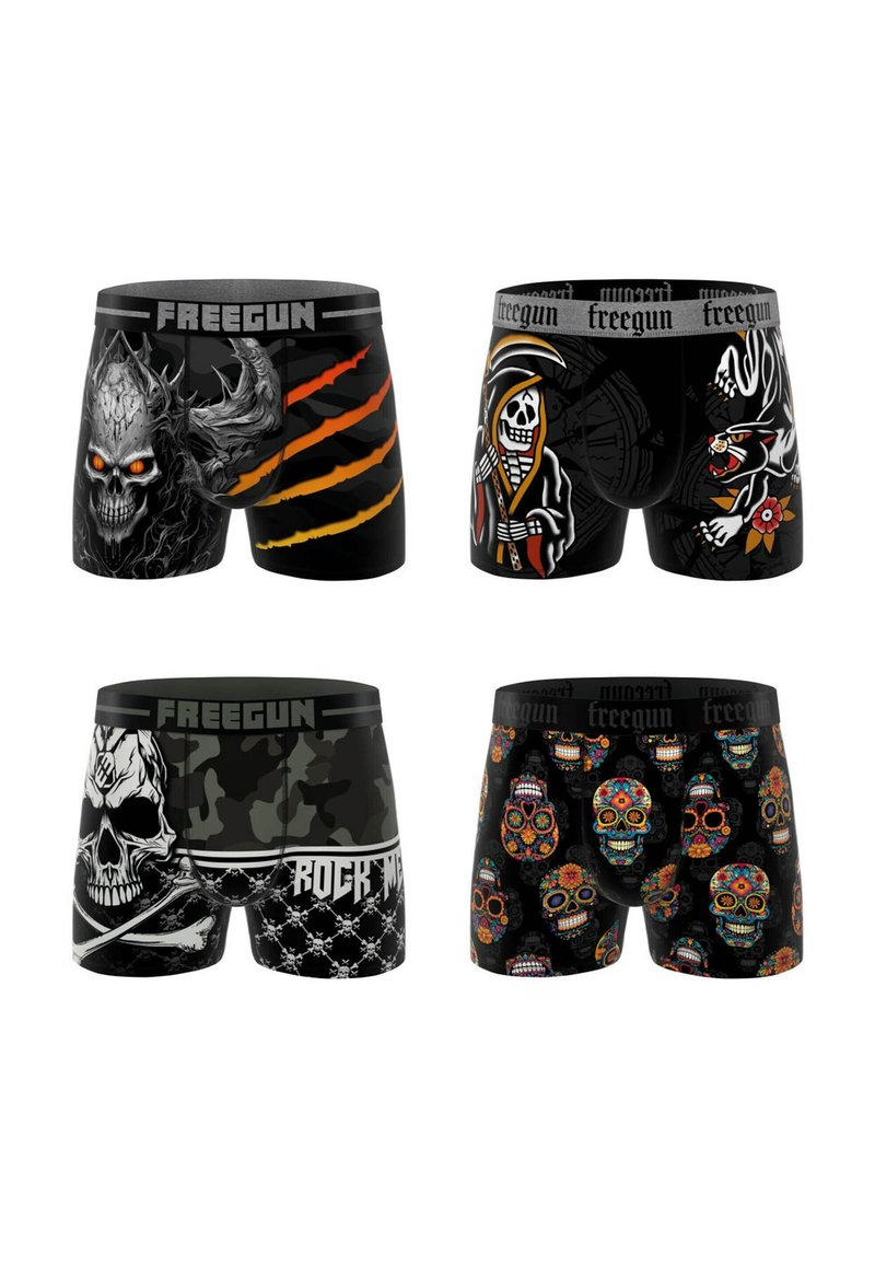 Quatre paires de boxers pour hommes dans différents motifs : tissu noir, impressions graphiques y compris des crânes, des griffes et des motifs floraux, ceintures élastiques.