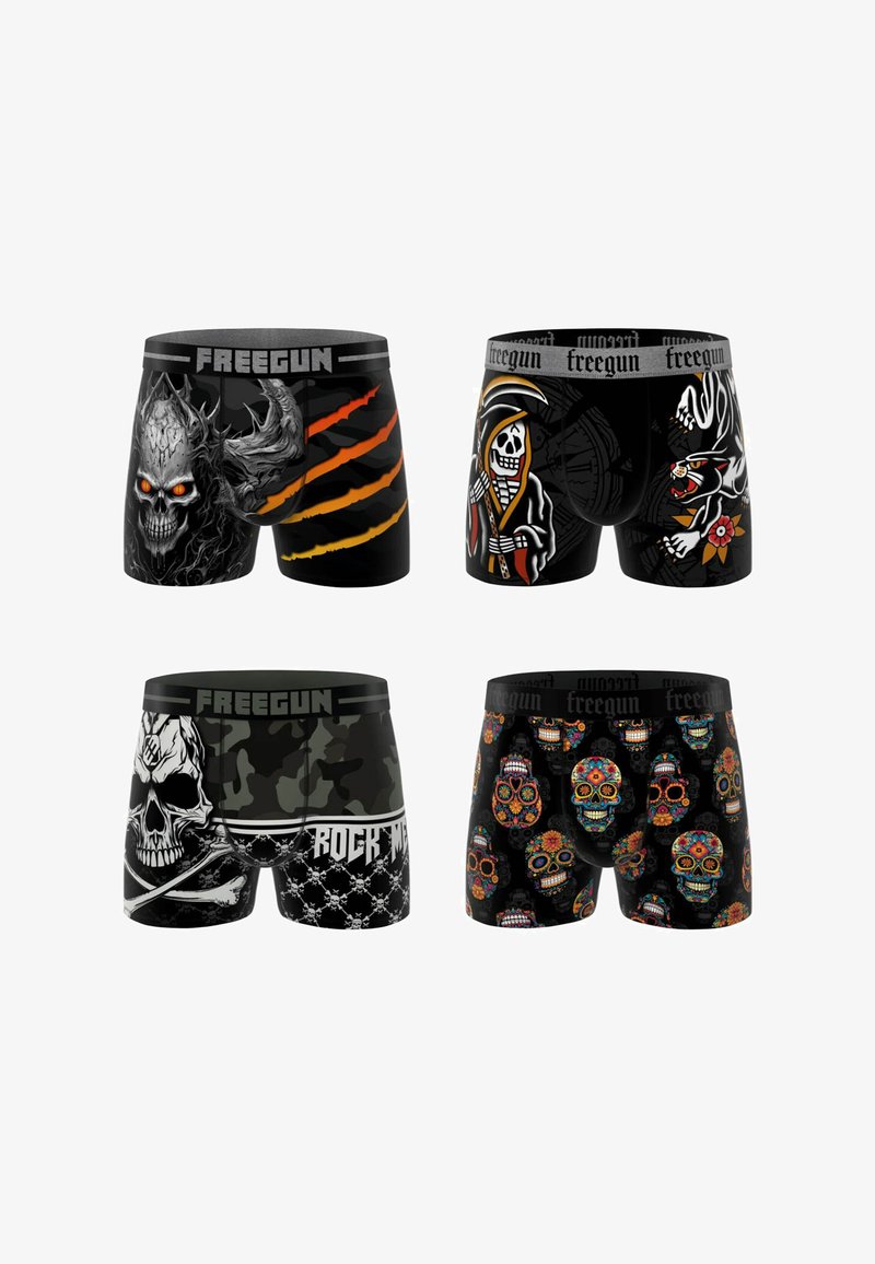 Quatre paires de boxers pour hommes dans différents motifs : tissu noir, impressions graphiques y compris des crânes, des griffes et des motifs floraux, ceintures élastiques.