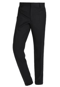 Svarta skräddarsydda byxor i slätt tyg med rak snitt, som har platt framdel, sidofickor och uppvikta fållar.