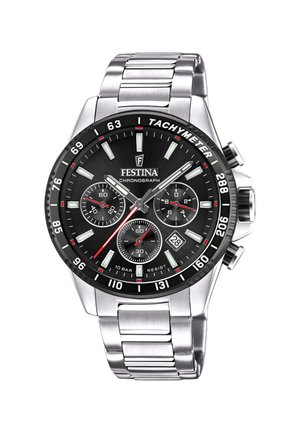 Montre chronographe en acier inoxydable argenté avec un cadran noir, une lunette tachymétrique, des accents rouges et trois sous-cadrans. Affichage de la date à 6 heures.