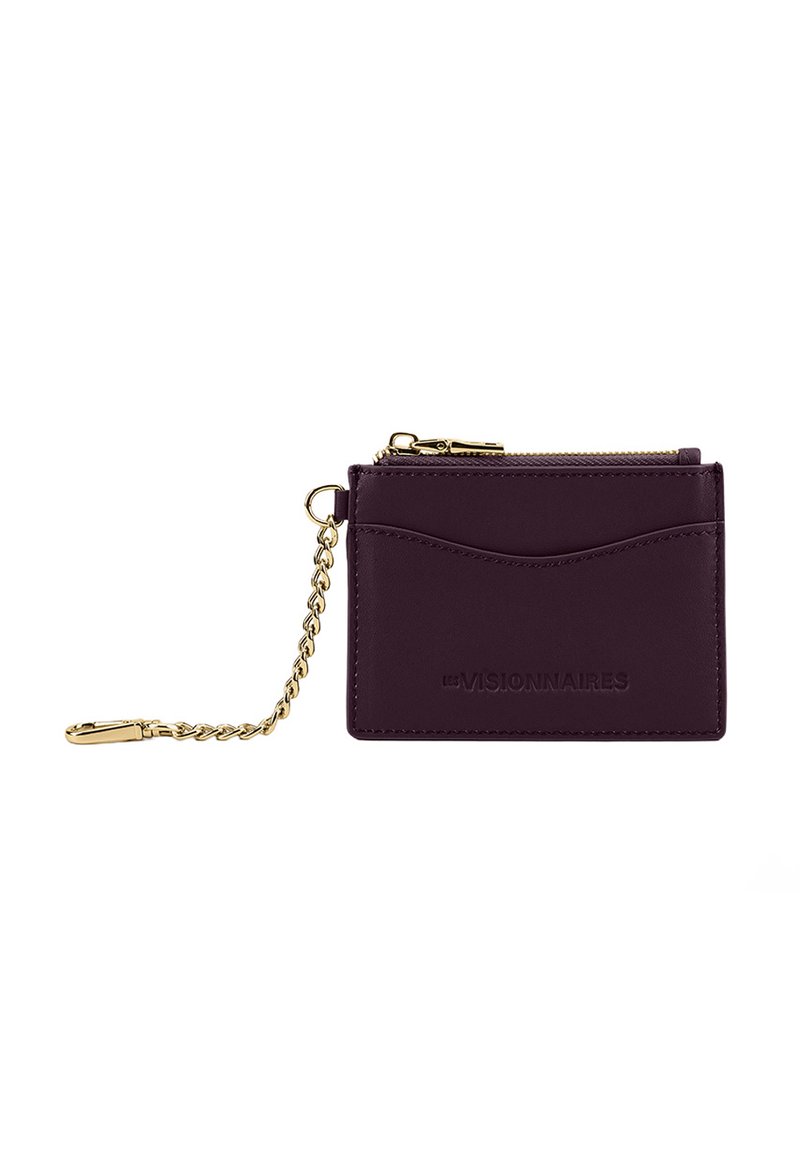Purple leather cardholder with a chain and gold hardware, featuring a zip compartment and an embossed logo. Smooth texture and sleek design.