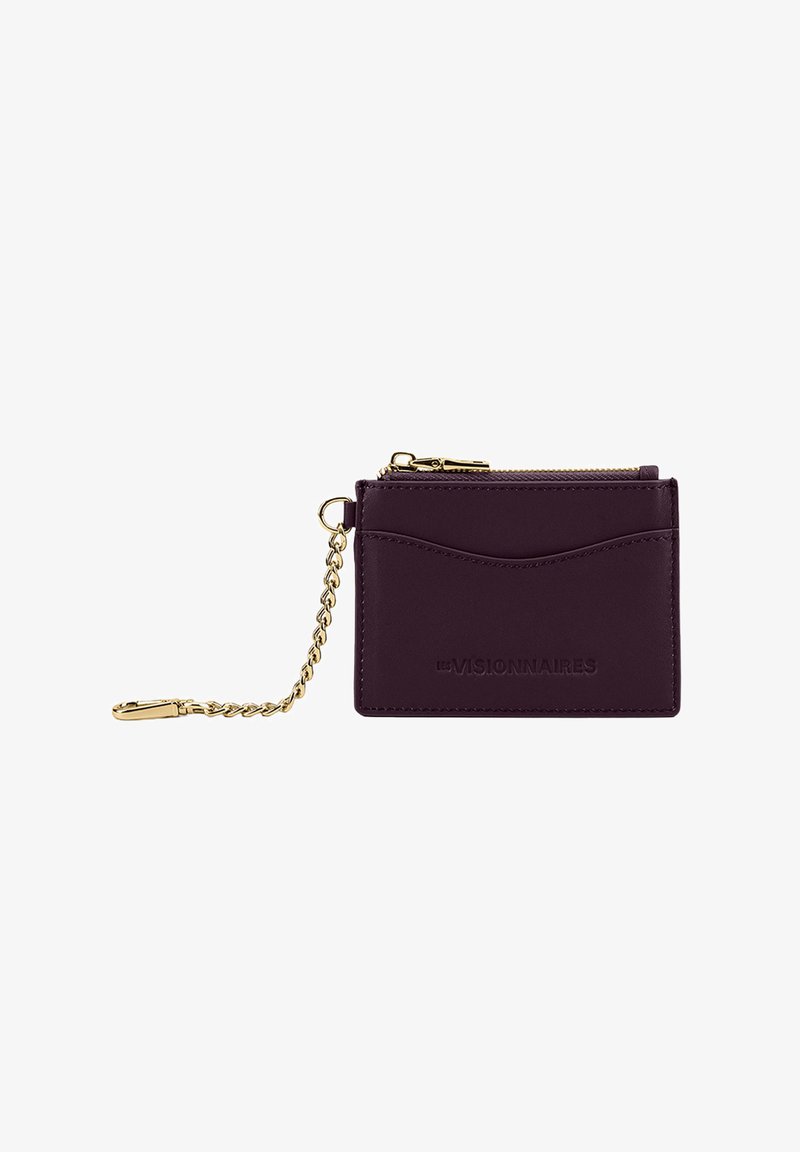 Purple leather cardholder with a chain and gold hardware, featuring a zip compartment and an embossed logo. Smooth texture and sleek design.