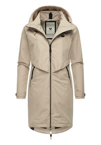 Beige long raincoat with a zip closure, adjustable hood, and side pockets. Features an elastic waist with a smooth, waterproof texture.