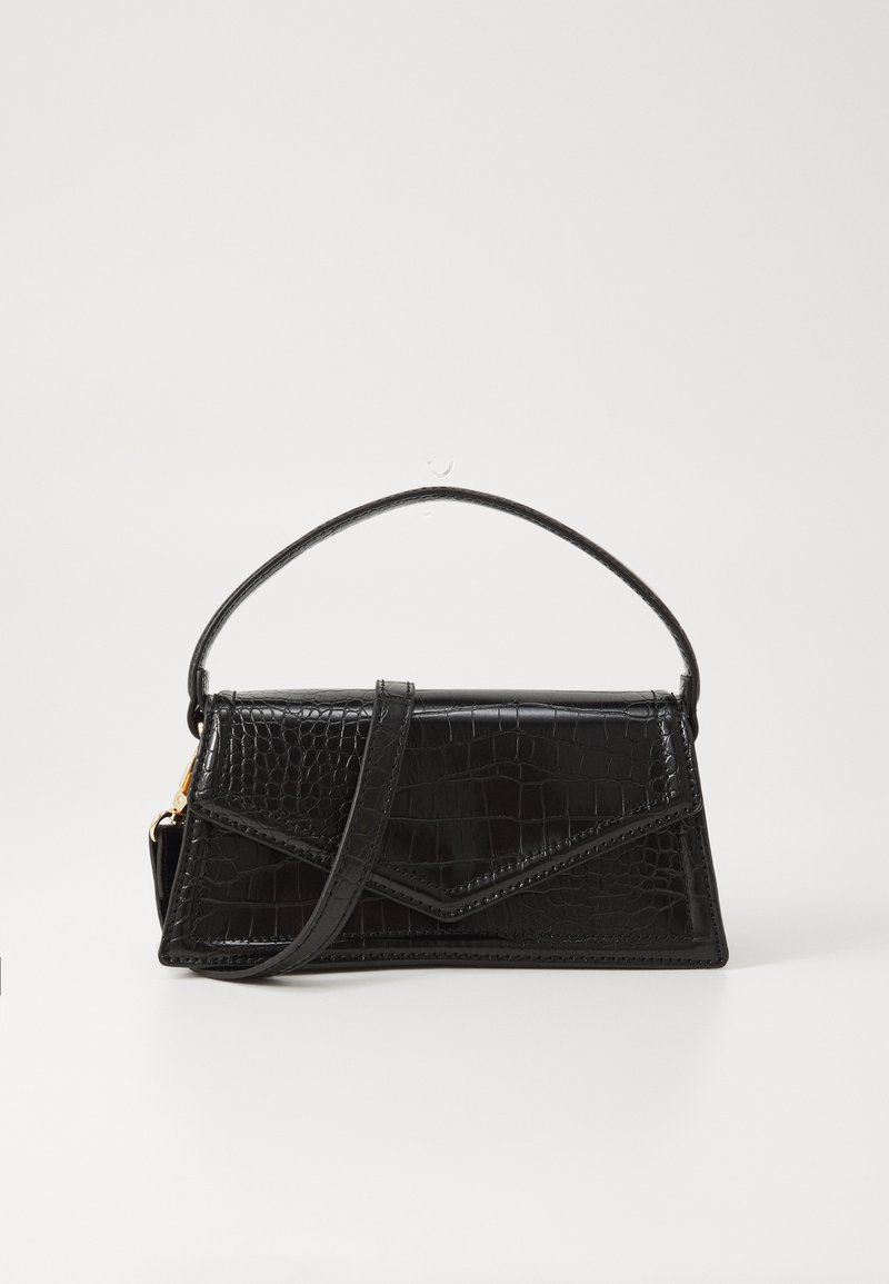 Black faux crocodile leather bag with a structured design, a top handle, and a detachable shoulder strap. Features angular flap accents.