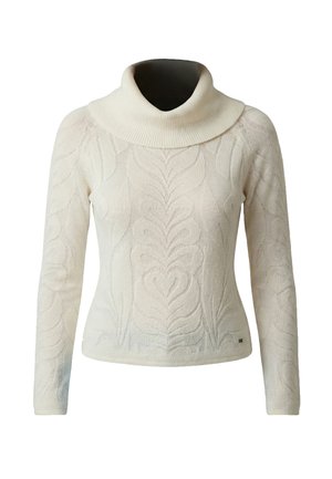 Jersey de punto color crema de manga larga con cuello alto doblado y sutil patrón texturizado de hojas y corazones.