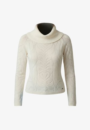 Hellcremefarbener, gestrickter Pullover mit langen Ärmeln, umgeschlagenem Rollkragen und einem dezenten Muster aus Blättern und herzförmigen Strukturen.