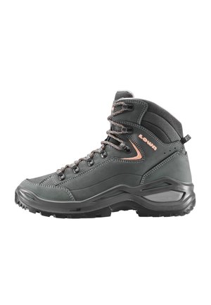 Scarponi da trekking realizzati in materiale sintetico grigio scuro, design a metà altezza con accenti in rame, punta rinforzata e suola in gomma stampata per una migliore aderenza.