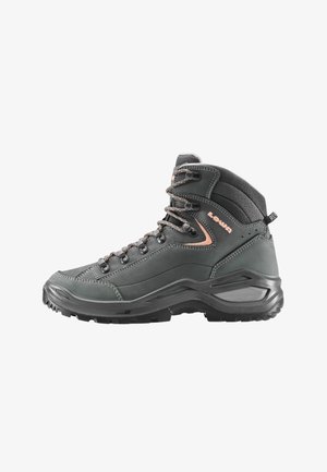 Wanderstiefel aus dunkelgrauem Synthetikmaterial, mittelhoher Schnitt mit kupferfarbigen Akzenten, verstärkter Zehenbereich und gemusterter Gummisohle für besseren Halt.
