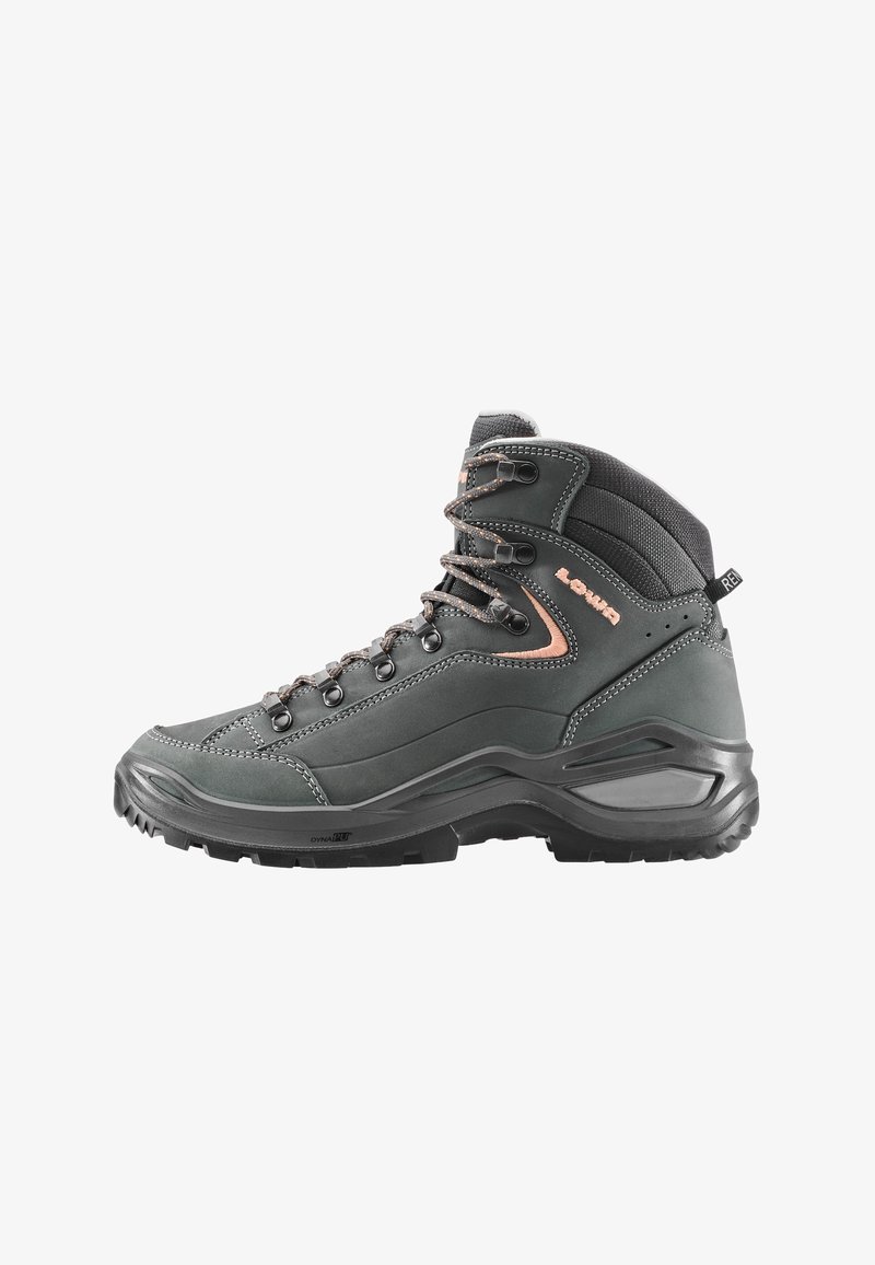 Wanderstiefel aus dunkelgrauem Synthetikmaterial, mittelhoher Schnitt mit kupferfarbigen Akzenten, verstärkter Zehenbereich und gemusterter Gummisohle für besseren Halt.