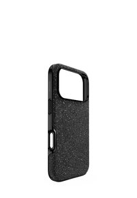 Czarny etui na telefon o teksturowanej powierzchni, z błyszczącą ramką i wycięciami na przyciski oraz porty ładowania. Błyszczące detale rozproszone na całej powierzchni.