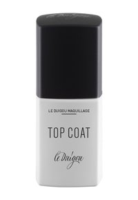 Ein Oberlack in einer rechteckigen Flasche mit einem mattschwarzen Deckel und weißem Boden. Mit fettem schwarzen Text: "TOP COAT" und "le Duigou maquillage."