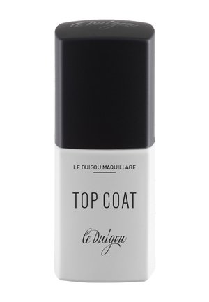 Top coat dans une bouteille rectangulaire avec un capuchon noir mat et une base blanche. Présente un texte noir en lettres audacieuses : "TOP COAT" et "le Duigou maquillage."