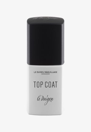 Ein Oberlack in einer rechteckigen Flasche mit einem mattschwarzen Deckel und weißem Boden. Mit fettem schwarzen Text: "TOP COAT" und "le Duigou maquillage."