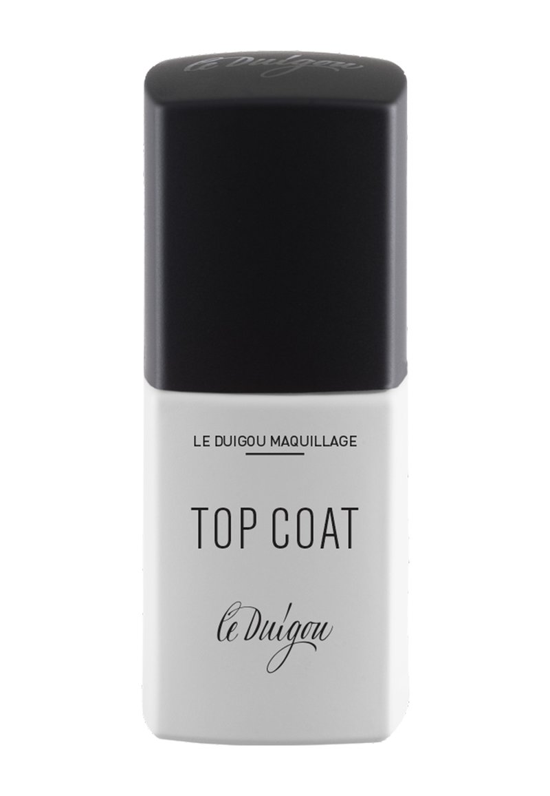 Ein Oberlack in einer rechteckigen Flasche mit einem mattschwarzen Deckel und weißem Boden. Mit fettem schwarzen Text: "TOP COAT" und "le Duigou maquillage."