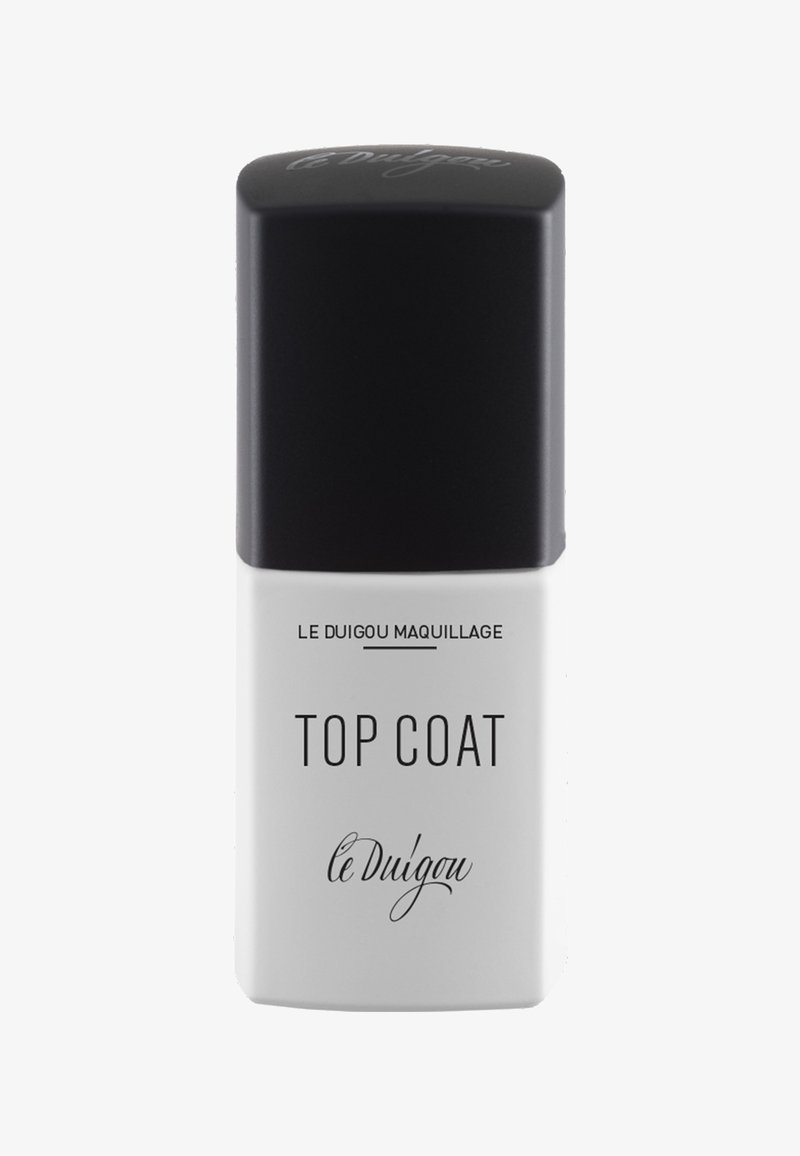 Ein Oberlack in einer rechteckigen Flasche mit einem mattschwarzen Deckel und weißem Boden. Mit fettem schwarzen Text: "TOP COAT" und "le Duigou maquillage."