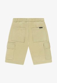 Beige cargoshorts met een elastische tailleband, twee achterzakken en twee zijcargo zakken. Glad materiaal met een casual ontwerp.