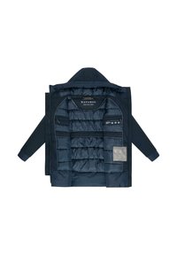 Marineblaue Pufferjacke mit Kapuze, ausgestattet mit gestepptem Futter, Reißverschluss vorne, seitlichen Taschen und Pflegeetiketten im Inneren.