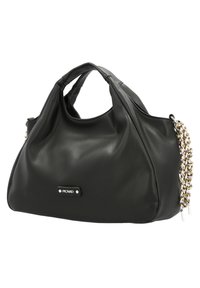 Sac hobo en cuir noir avec deux poignées, doté d'une finition brillante et d'une chaîne décorative sur un côté. Logo Picard à l'avant.