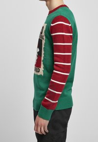 Grön stickad tröja med en festlig design på framsidan, samt röda och vita randiga ärmar. Ribbad mudd och nederkant, strukturerad tyg.