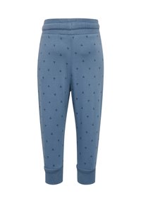 Blaue Baumwoll-Jogginghosen mit weich-texturierter Oberfläche, die ein sich wiederholendes Dunkelblau-Muster aufweisen und einen elastischen Bund sowie gerippte Bündchen an den Knöcheln besitzen.