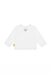 Weißes Langarmshirt mit Rundhalsausschnitt, weichem Stoff und einem gestickten Bären-Patch auf der Rückseite, nah am Kragen.