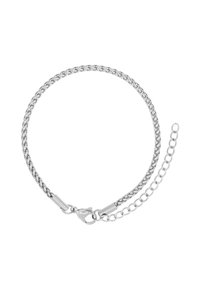 Kette aus silberfarbigem Metall mit ineinandergreifenden Gliedern und einem Karabinerhaken. Verfügt über eine verstellbare Verlängerungskette für eine Längenanpassung.