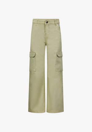 Cargo-Hosen aus leicht grünem Stoff mit weitem Bein, zwei Seitentaschen, Knopfverschluss und verstärkten Nähten. Glatte Textur.