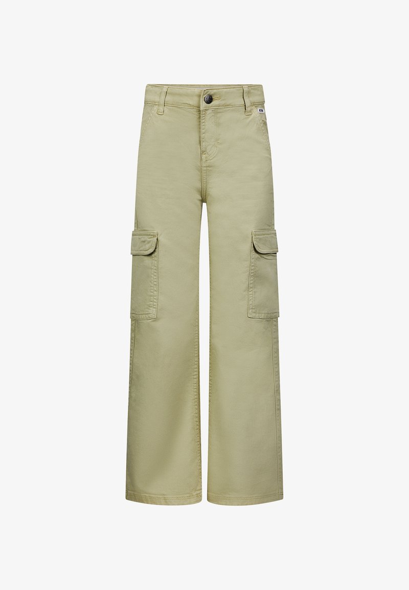Cargo-pantalons in lichtgroene stof, met een wijde pijpdesign, twee zijzakken, een knoopsluiting en verstevigde naden. Gladde textuur.