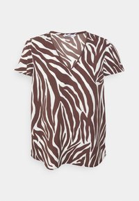 T-shirt a maniche corte a righe zebrate marroni e bianche con scollatura a V, realizzato in tessuto leggero, caratterizzato da un design a vestibilità rilassata.
