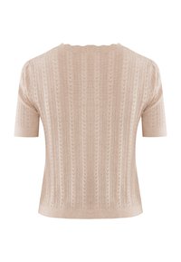 Maglione beige a maglia con maniche corte, scollatura dentellata e texture a strisce verticali con motivi a foglia.