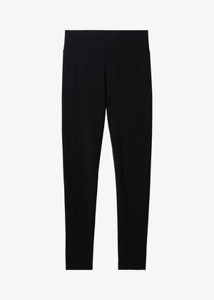 Leggings noirs extensibles avec une large ceinture douce, présentant une texture lisse et une silhouette ajustée, adaptés à diverses activités.